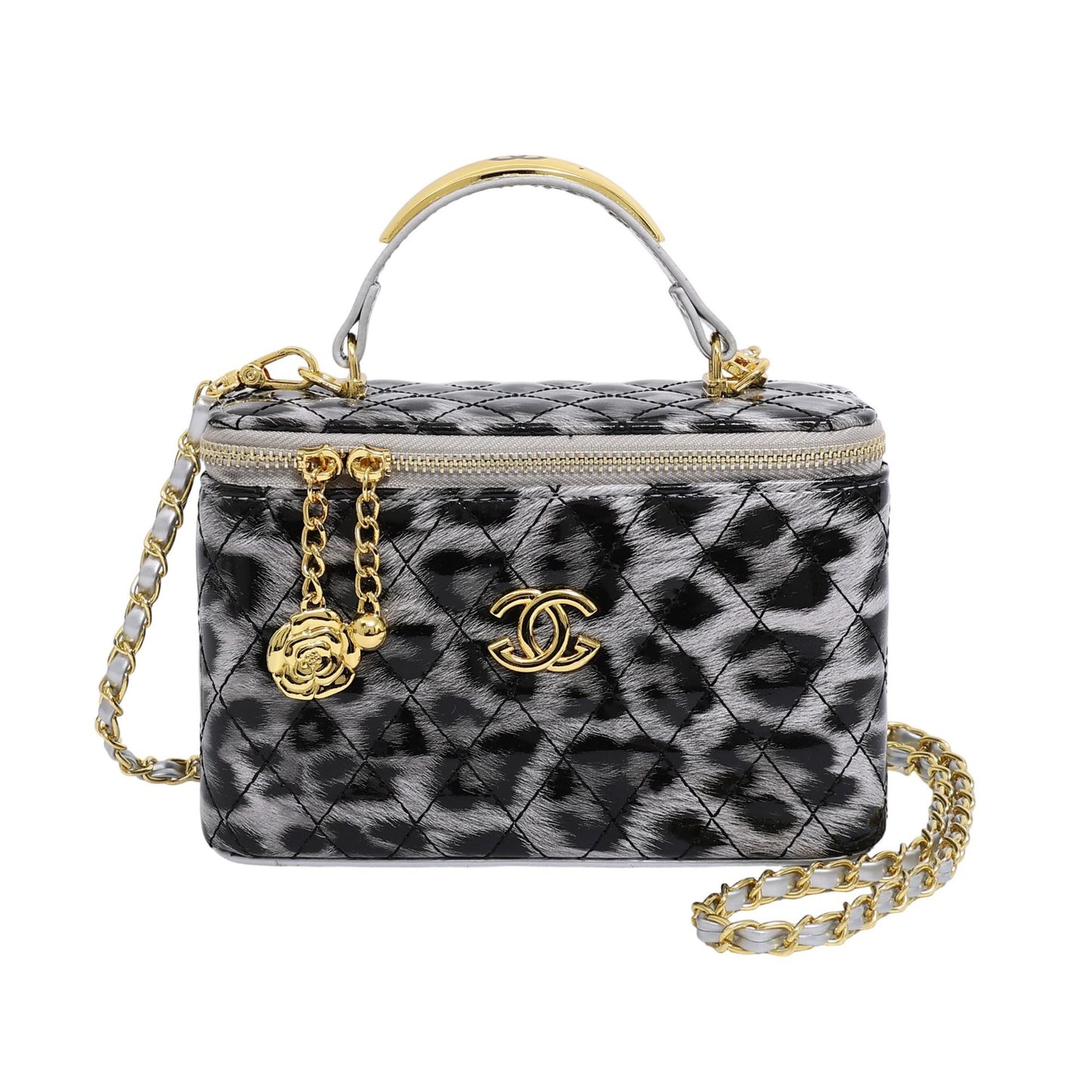 Bestsellers de comercio exterior: bolso pequeño cuadrado con estampado de leopardo, bolso cruzado de un solo hombro estilo estilo Chanel brillante, bolso caja con cadenas bordados con diamantes