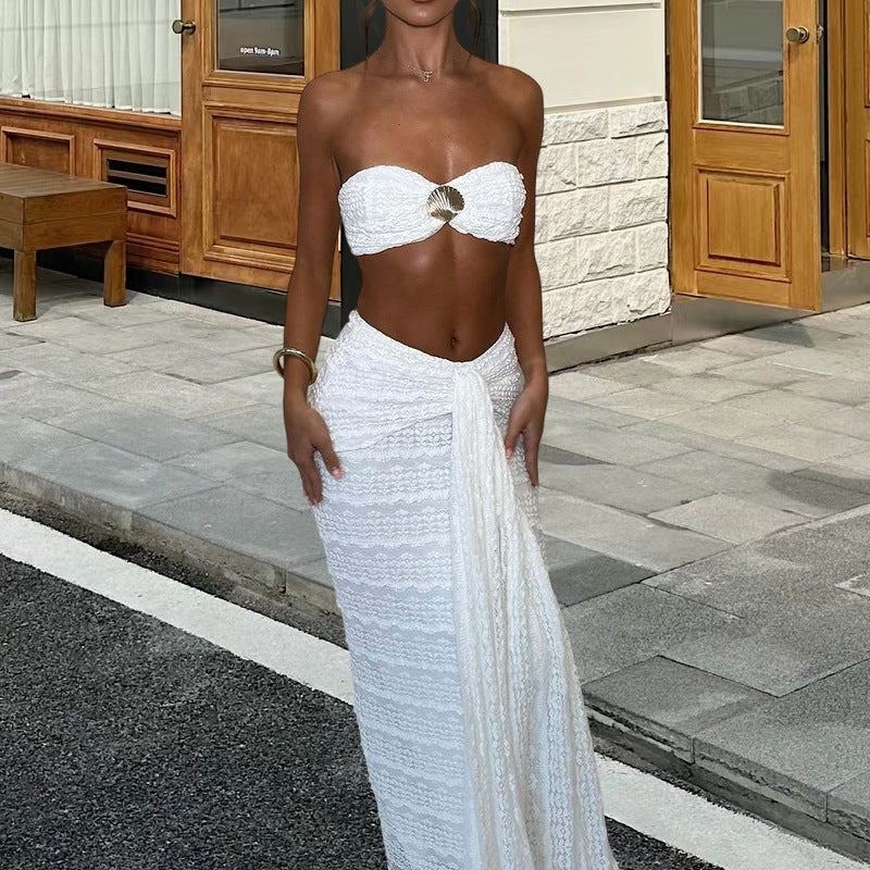 Conjunto de bikini de playa de playa de comercio exterior europeo y americano, falda midi sexy de playa de color sólido, 2025
