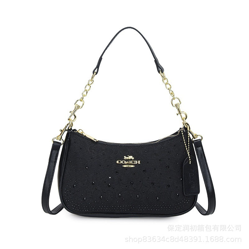 Bolso monograma Koujia con pedrería con media luna y media, nuevo bolso de cadena versátil transfronterizo, bolso bandolero cruzado de un solo hombro