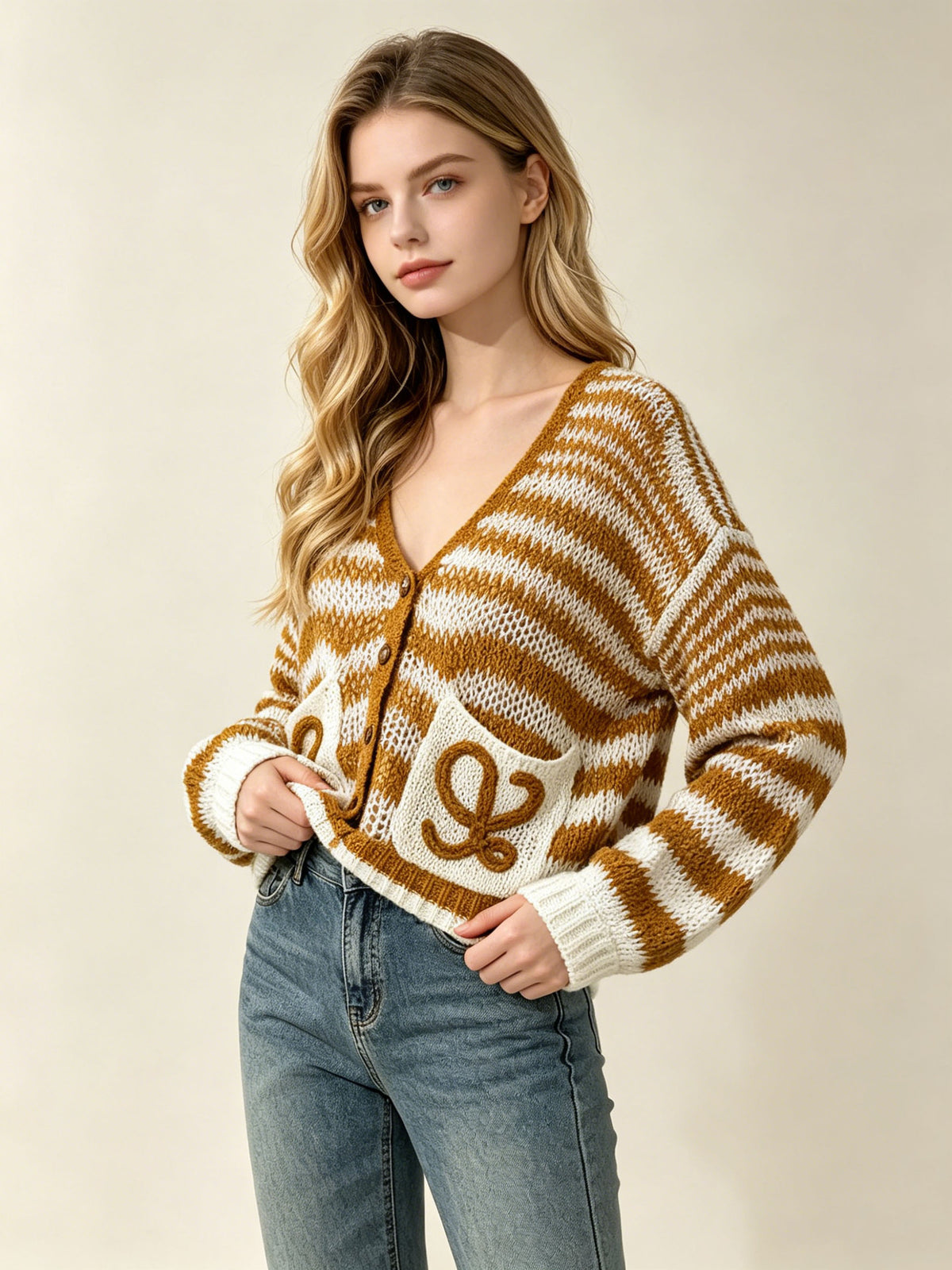 Women's fine cardigan L | Stripes and pockets | Luxury Markt