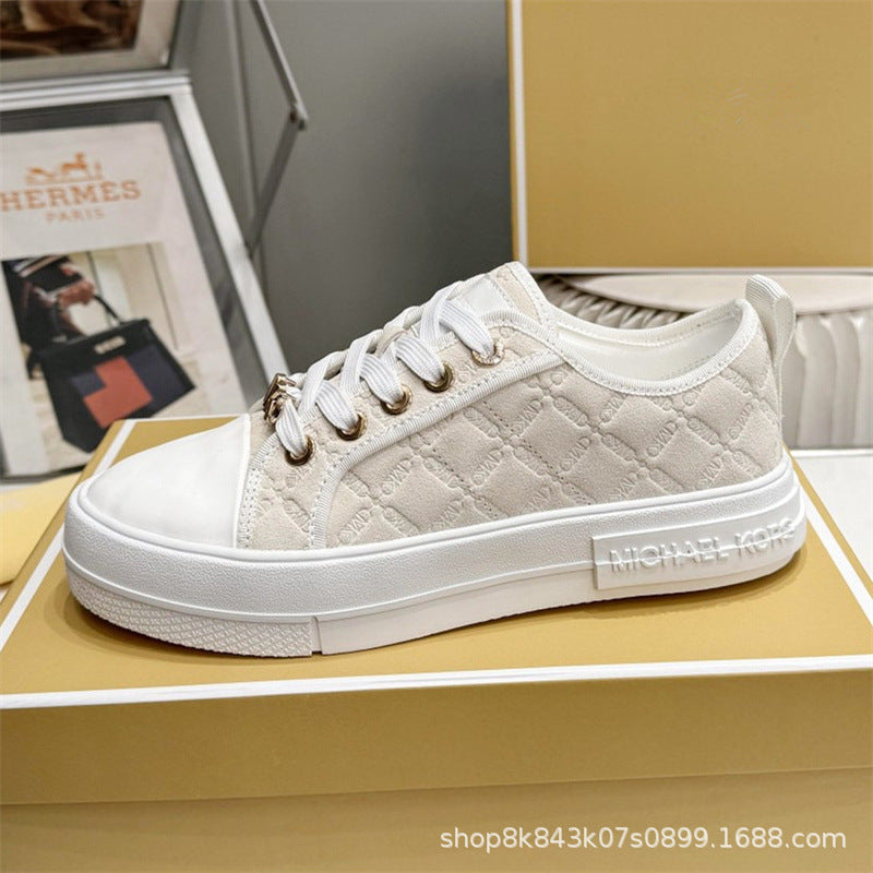 2024MK moda nuevas zapatillas blancas de mujer, piel de becerro, hebilla metálica con cordones, zapatillas de escalada, tendencia zapatillas de correr