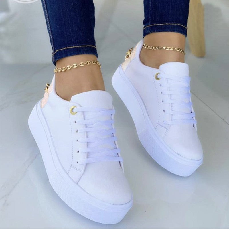 Zapatos de comercio exterior europeos y americanos, punta redonda, suelas de plataforma, zapatos blancos con cordones, talla grande para mujer, techo bajo, cremallera trasera, zapatos sencillos muffin, Amazon