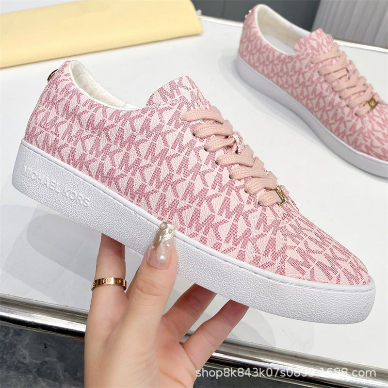 2024MK moda nuevas zapatillas blancas de mujer, piel de becerro, hebilla metálica con cordones, zapatillas de escalada, tendencia zapatillas de correr