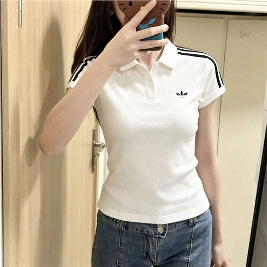 Women's summer short-sleeved three-stripe embroidered polo shirt, slimming and versatile, Song Yuqi's classic lapel, 3699