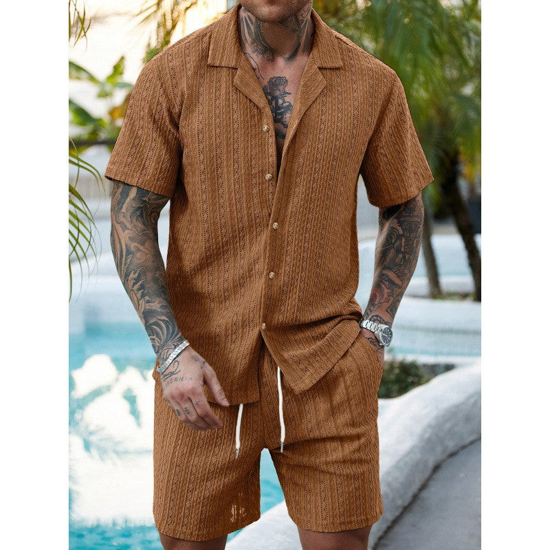 Nuevo cárdigan casual TK 2026 para hombre, camisa de verano de manga corta, pantalones cortos con cordón, ropa masculina de dos piezas