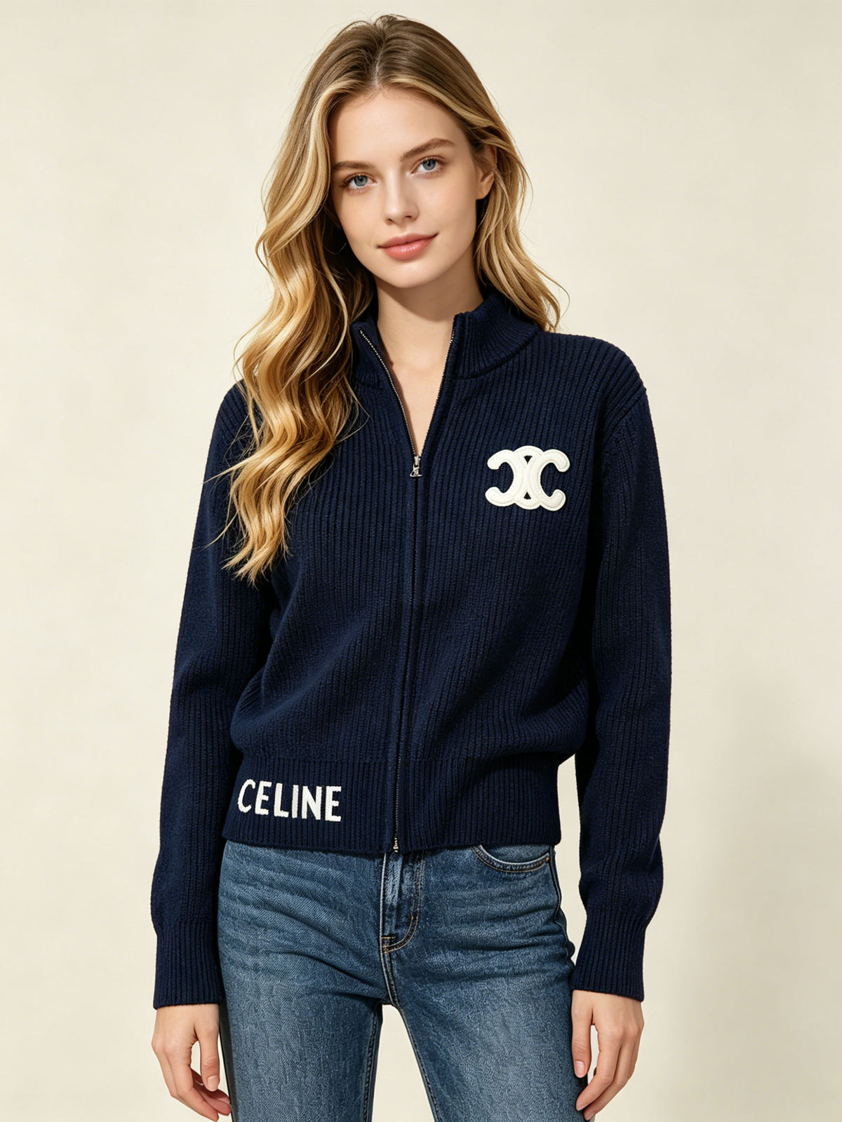 Women's embroidered cardigan CE | Zipper and high neck