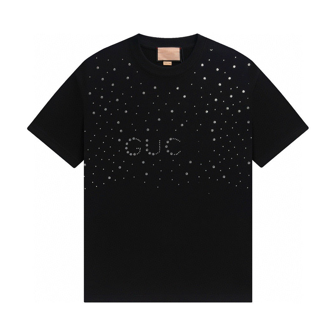Camiseta alta de alta versión transfronteriza de GU Home 2025, nueva letra con estampado de pedrería, manga corta unisex suelta Gujia