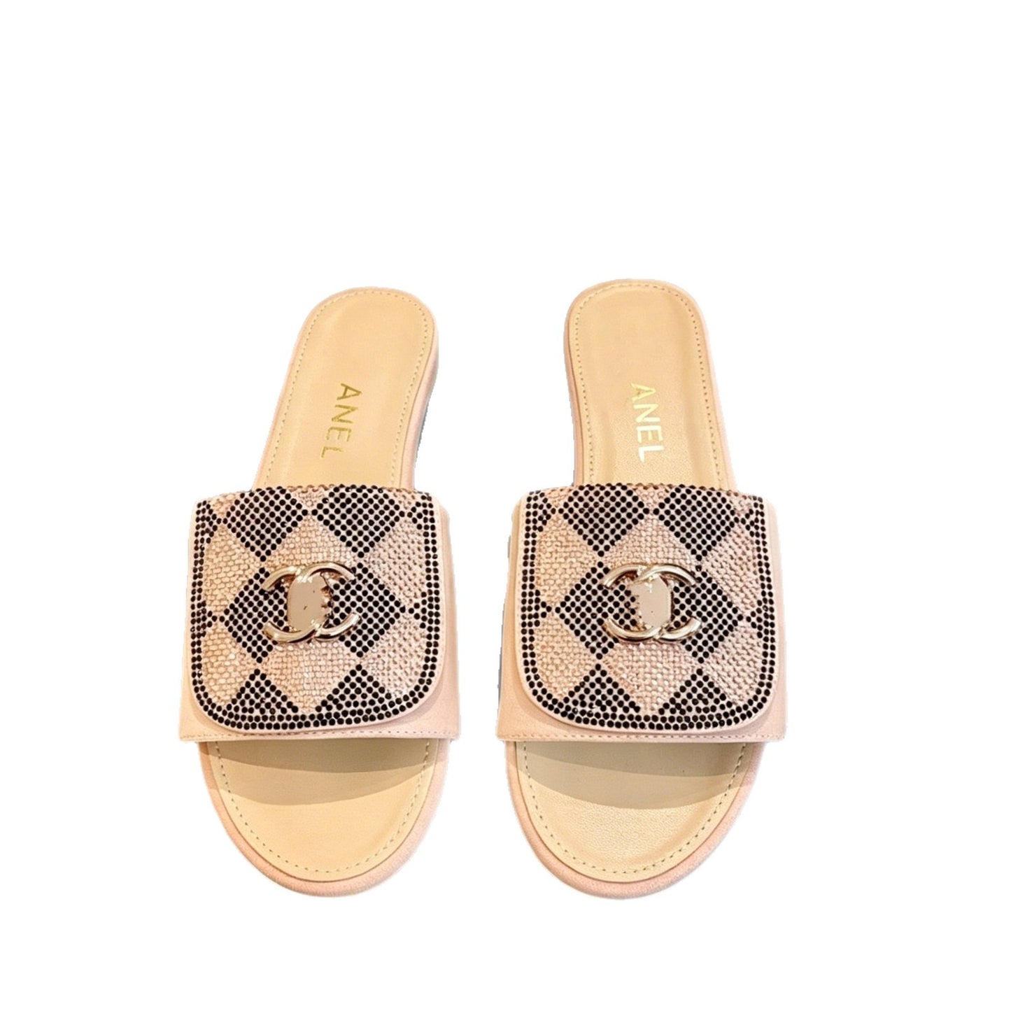 En stock, 26 nuevas zapatillas planas de Chanel estilo Chanel con botones de metal a cuadros y diamantes para mujer, sandalias casuales de verano de una sola línea