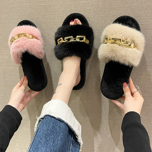 Zapatillas de piel nuevas para otoño e invierno transfronterizas, zapatillas de piel nuevas, moda femenina, cálida y gran cadena, zapatillas de tacón plano, tacón plano, comercio exterior