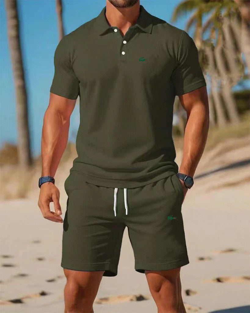Polo negro de manga corta + pantalones cortos de verano 2026 Conjunto deportivo casual, sencillo, a la moda, de secado rápido, transpirable