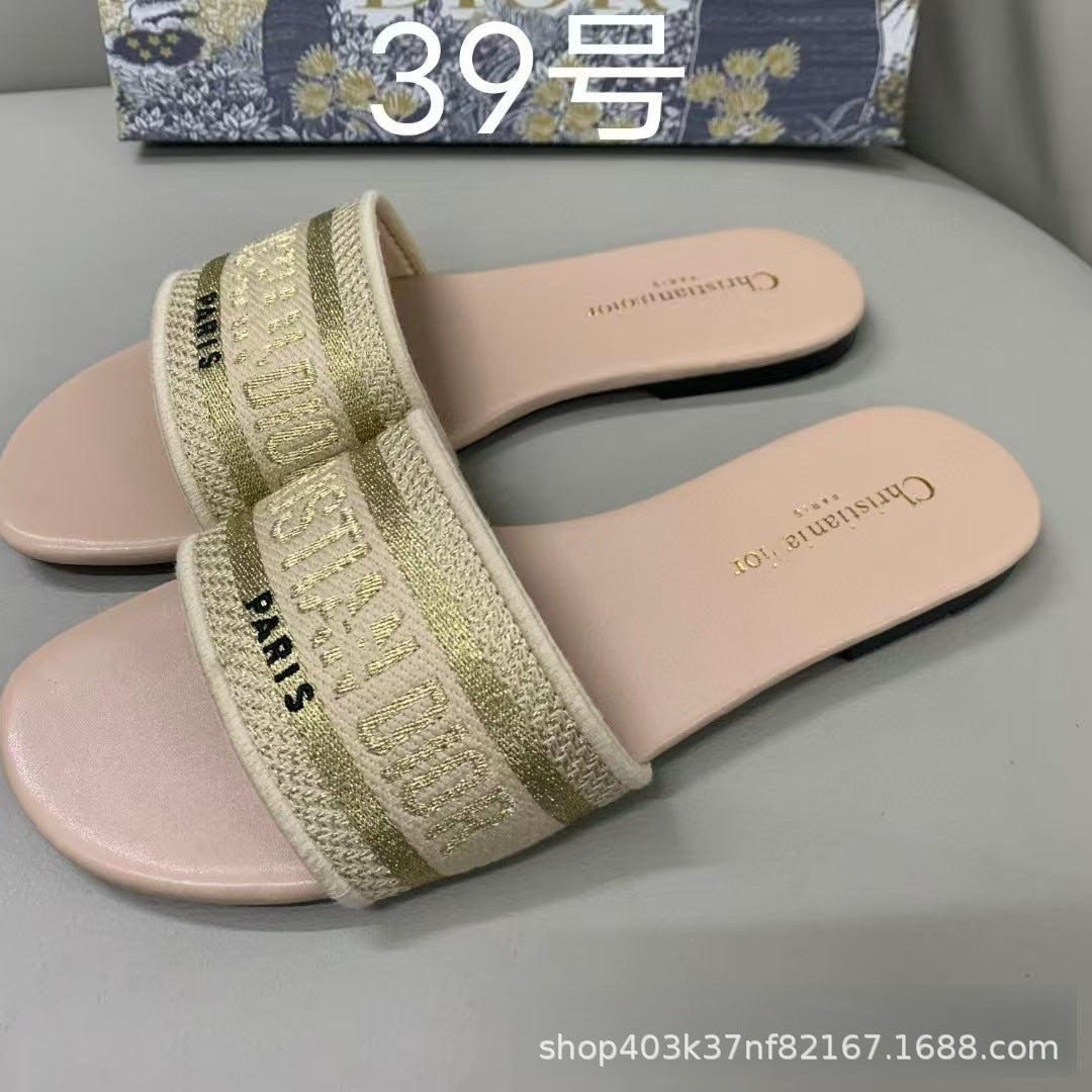 Zapatillas de alta calidad marca D, tallas 1-48, bordados jacquard, zapatillas planas clásicas casuales de playa para mujer