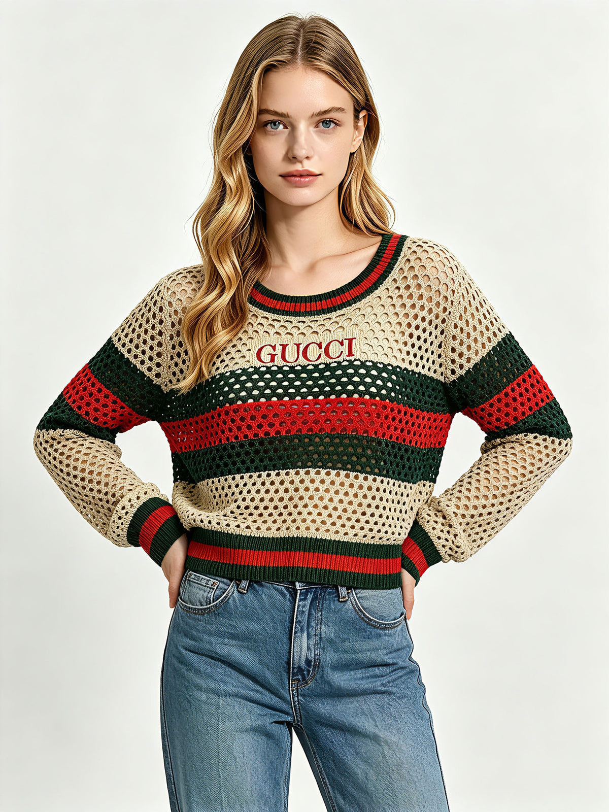 Maglia a rete donna G | Righe e punto traforato