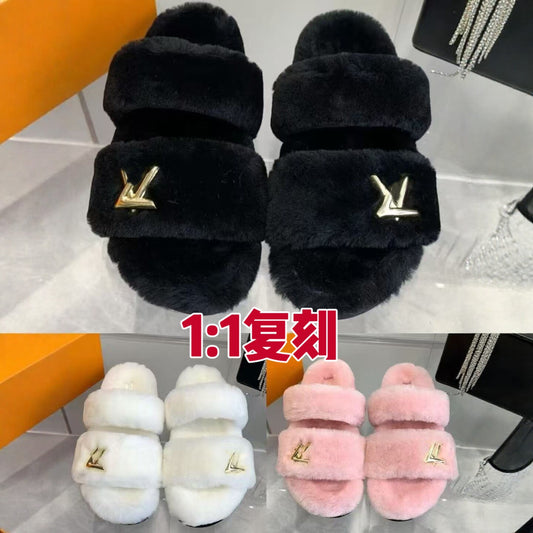 Las nuevas zapatillas peludas de L para otoño e invierno 2024, ropa de mujer, lana de cordero, chanclas de suela gruesa, antideslizantes y chanclas cálidas de suela plana