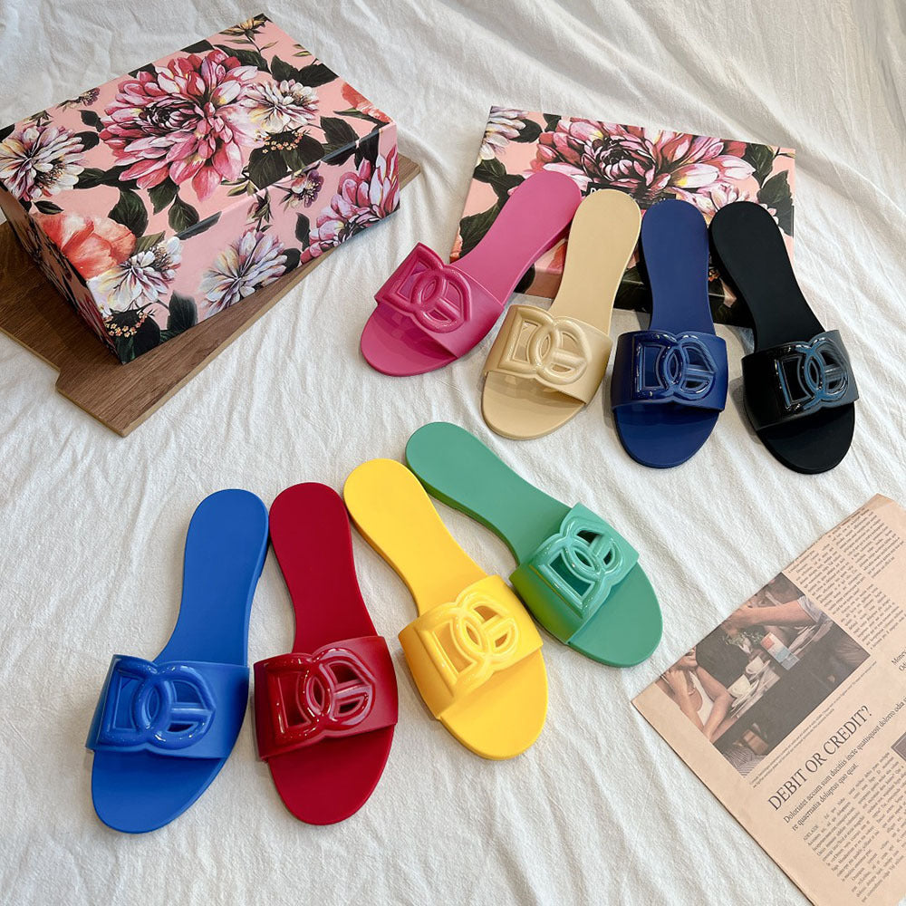 25 sandalias europeas y americanas D New G para mujer casual casual off-line, zapatillas anti-fruta de gelatina, zapatillas planas antideslizantes de playa