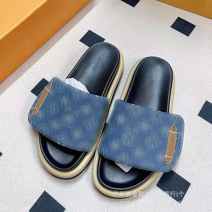 Zapatillas de Velcro de suela gruesa Donkey Home para mujer, 2025 Nuevas zapatillas antideslizantes de denim con letras antideslizantes para exportación