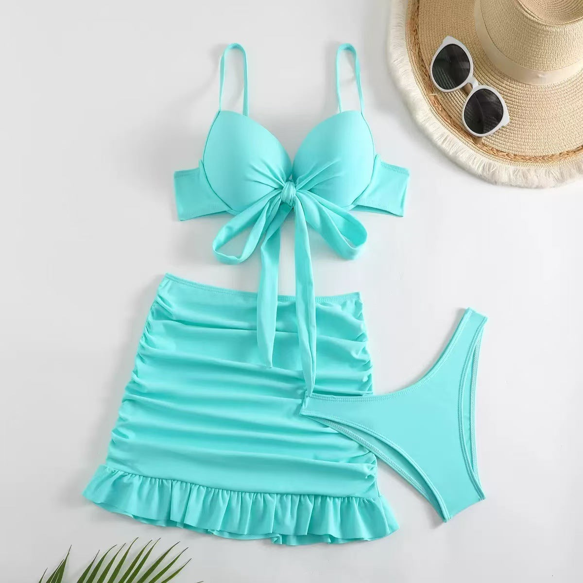 Conjunto de bañador femenino de tres piezas dividido en color sólido transfronterizo, nuevo bañador europeo y estadounidense de alta gama, sensual y ajustado con tirantes