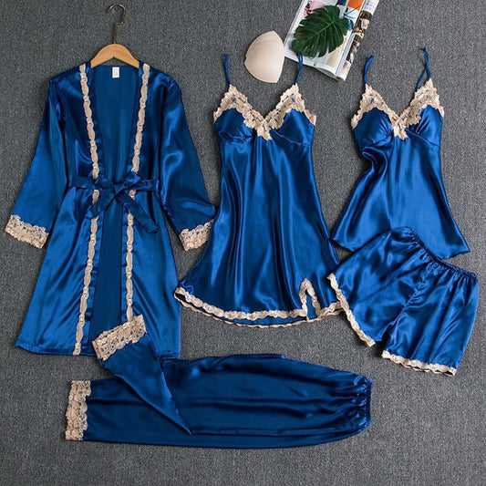Nuevos pijamas transfronterizos para el comercio exterior con protectores en el pecho, camisetas de seda sexys, conjunto dorado de cinco piezas florales y ropa cómoda fina