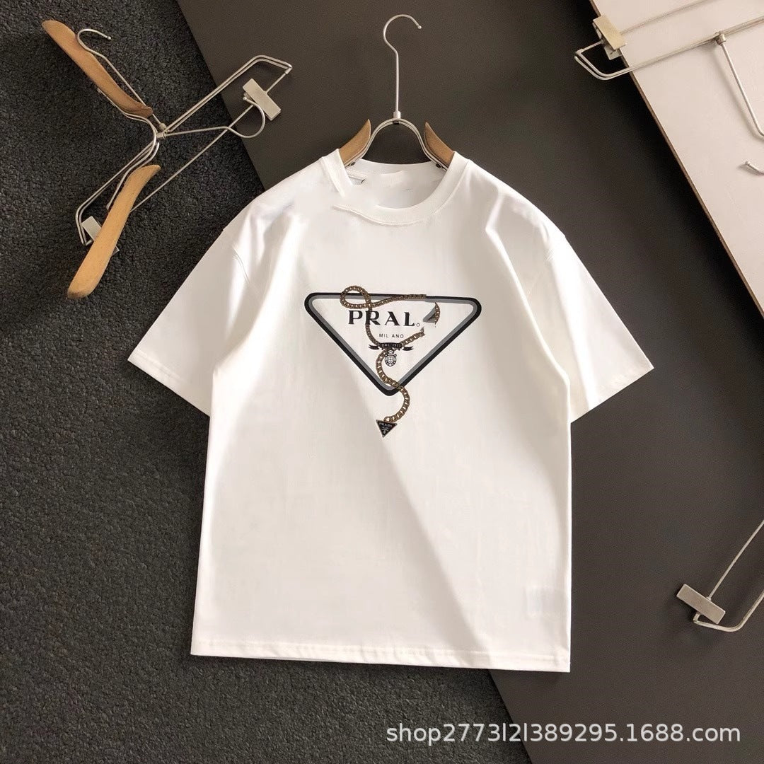 Camiseta informal informal de cuello redondo y suelta de cuello redondo con estampado de letras a la moda, camiseta versátil a juego para pareja