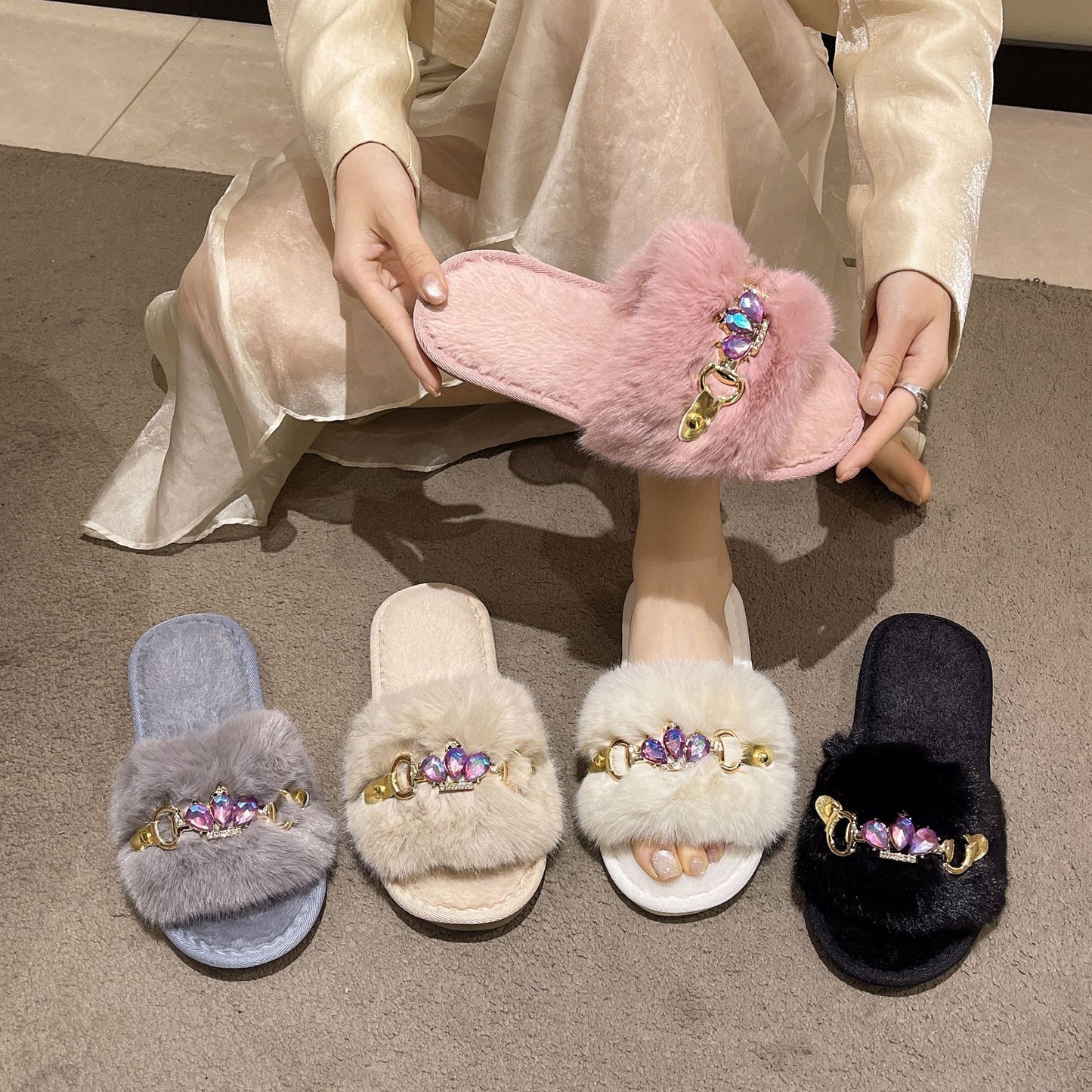 Comercio exterior, hogar transfronterizo, cadena de cristal, zapatillas de lana engrosadas, zapatillas de algodón para mujeres de otoño e invierno, fabricantes de zapatillas de abrigo