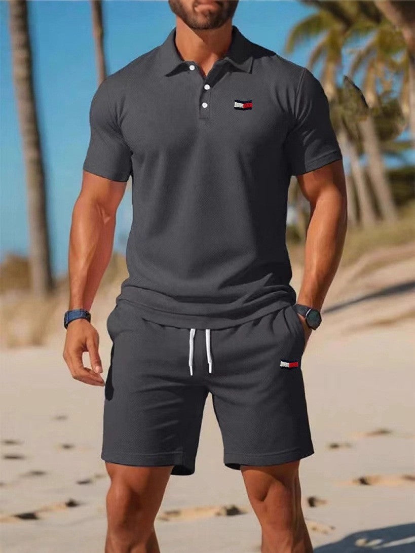 Conjunto casual fino de hombre con estampado Tommy de verano transfronterizo, camiseta corta de manga corta, conjunto de moda informal para hombre