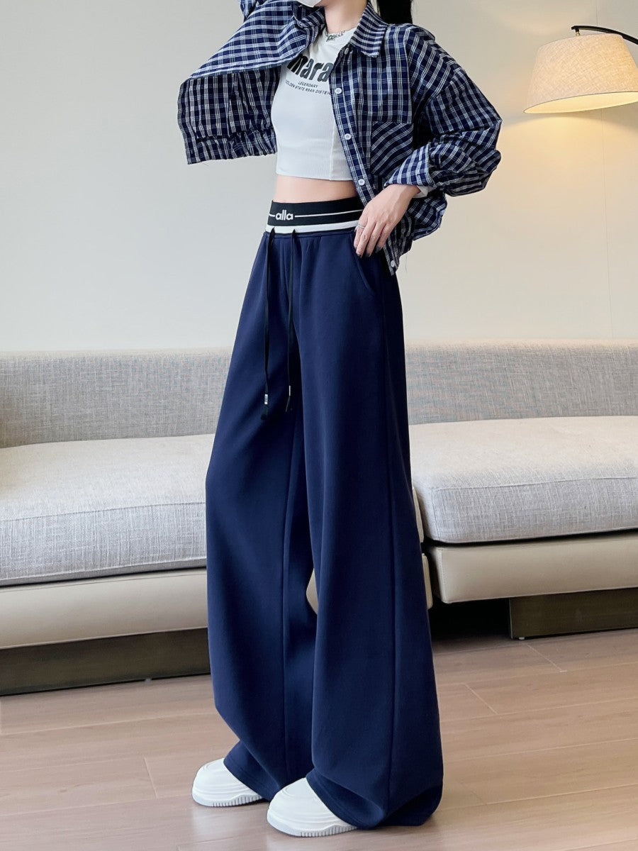 Pantalones deportivos azul marino pantalones deportivos para mujer primavera y otoño 2026 nuevos pantalones holgados y de pierna ancha de tiro alto que ajustan los pantalones casuales rectos
