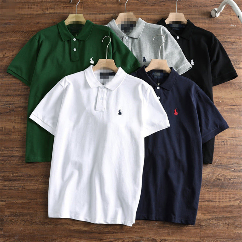 Verano 2025 Comercio Exterior RLoro Camiseta Raco Ralph Lawrence Camiseta de Manga Corta Hombre Logo de Solapa Pony Bordada Ropa Casual Bordada