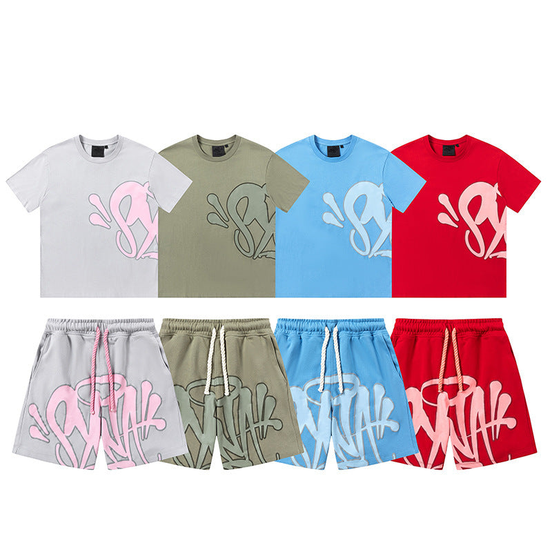 Camiseta americana de hip-hop callejero, camiseta de manga corta holgada con letras de hombre, pantalones cortos informales, conjunto deportivo versátil