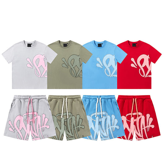 Camiseta americana de hip-hop callejero, camiseta de manga corta holgada con letras de hombre, pantalones cortos informales, conjunto deportivo versátil