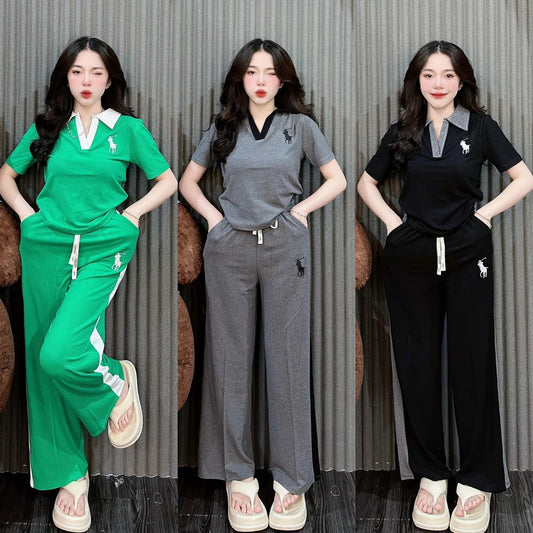 Set deportivo casual transfronterizo para mujer, nuevo conjunto de pantalones de dos piezas de manga corta y manga ancha de estilo juvenil para el verano, cuello tipo polo