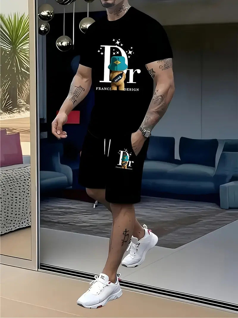 Camiseta de manga corta de moda para comercio exterior transfronterizo en verano, pantalones cortos deportivos informales, conjunto de camisetas de moda estampadas, conjunto de dos piezas en stock