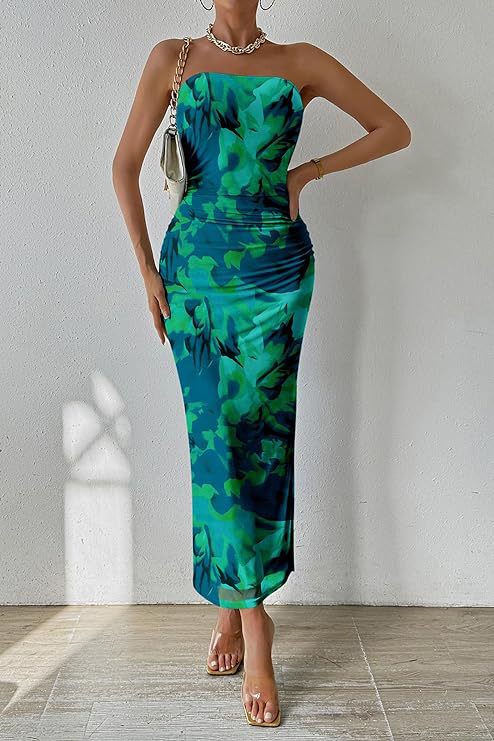 Vestido sin tirantes sin tirantes Shein de Amazon en comercio exterior exterior europeo y estadounidense 2025 con estampado sin mangas y abertura