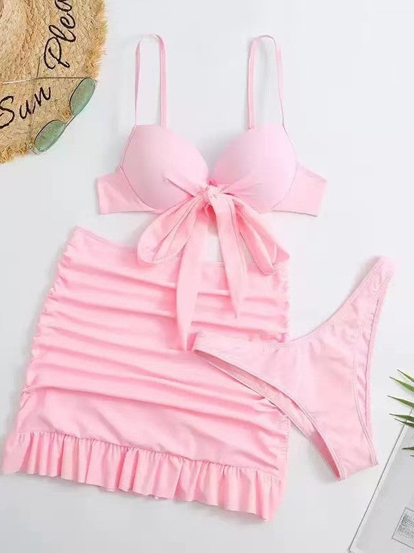 Conjunto de bañador femenino de tres piezas dividido en color sólido transfronterizo, nuevo bañador europeo y estadounidense de alta gama, sensual y ajustado con tirantes