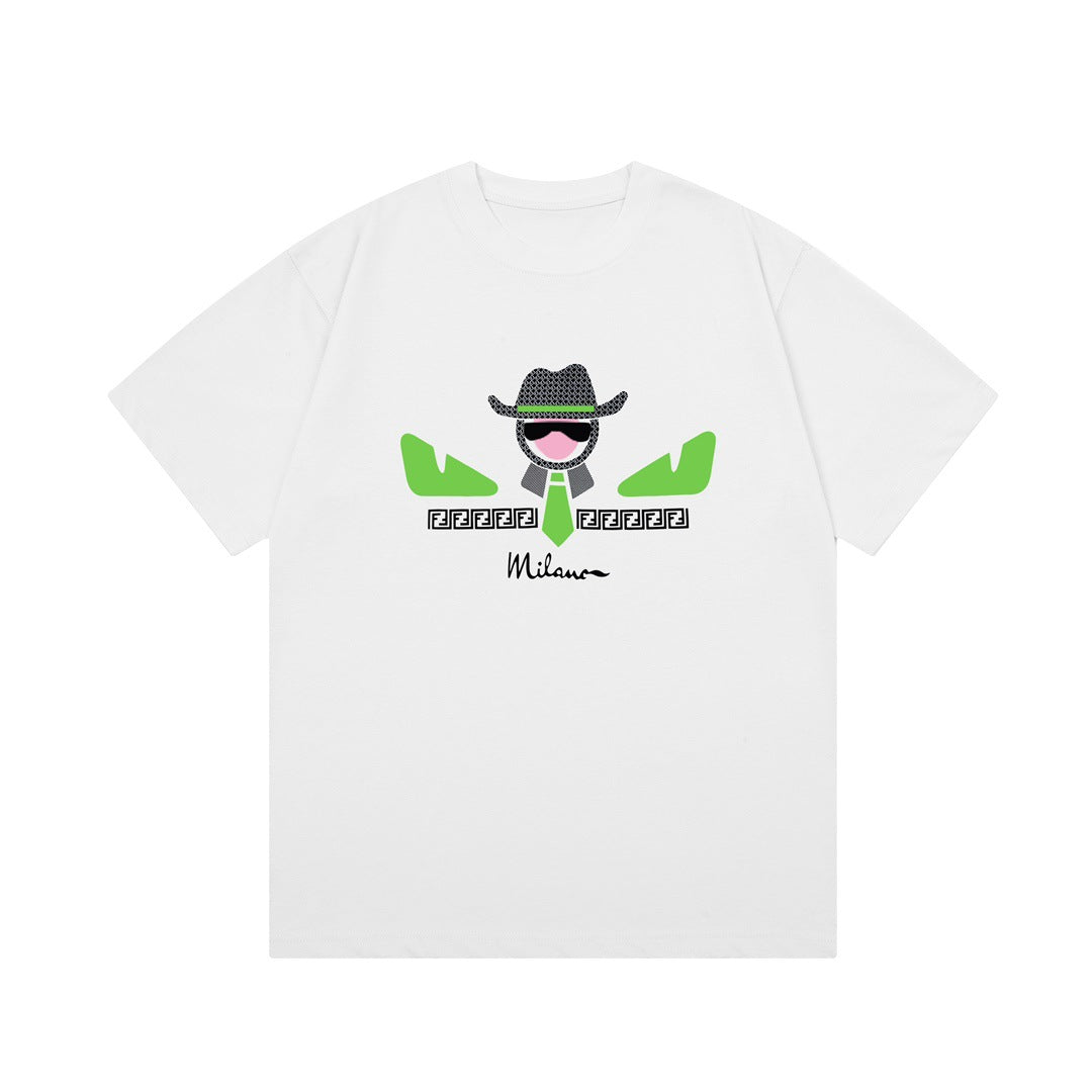 Versión de lujo de alta gama pra Pujia triángulo metálico LOGO, camiseta unisex de verano suelta y versátil con estampado y manga corta