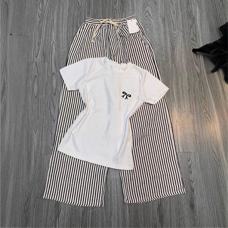 Conjunto de moda de comercio exterior para verano femenino, nuevo diseño con bordado en V con escote en V, pantalones de manga corta a rayas y pierna ancha de dos piezas