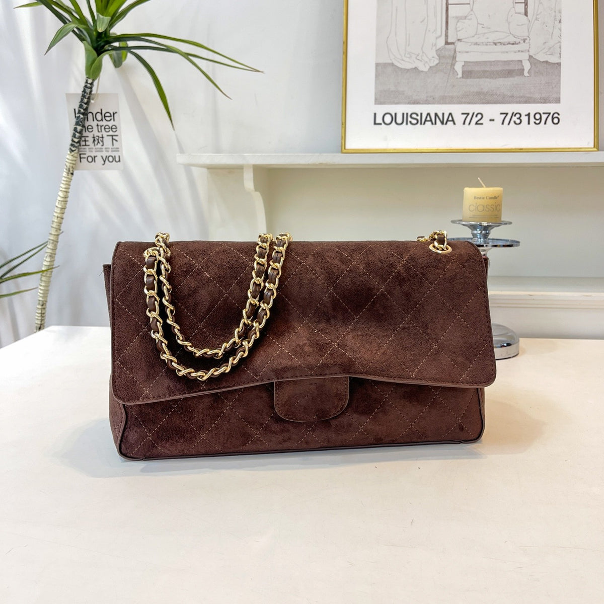 Borsa in camoscio trapuntato con catena da donna | Senza scatola