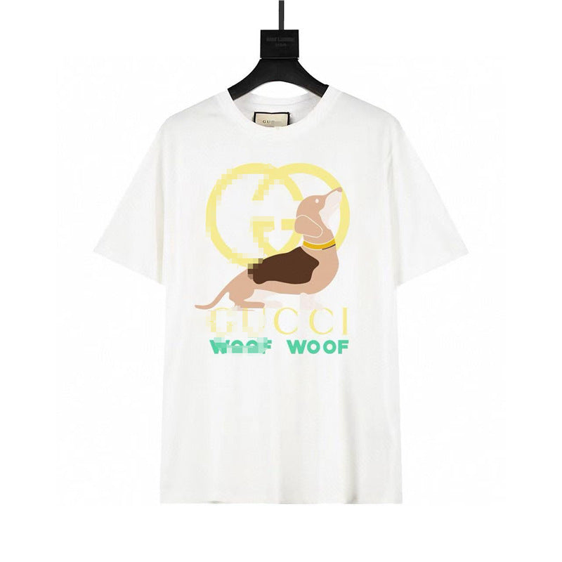 Letra de la familia G, camiseta con estampado de perro de pan, doble anillo, gran logo, manga corta, hombre y mujer de la misma pareja, estilo transfronterizo