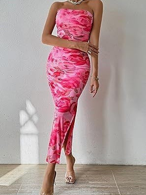 Vestido sin tirantes sin tirantes Shein de Amazon en comercio exterior exterior europeo y estadounidense 2025 con estampado sin mangas y abertura