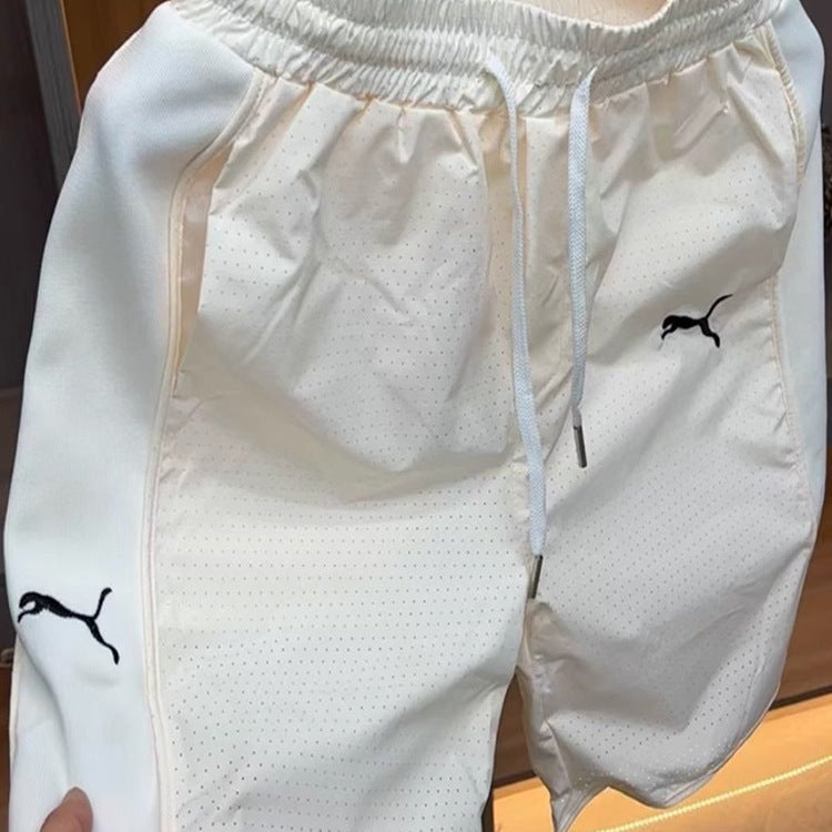 Pantalones cortos de hombre, pantalones finos de malla veraniega, pantalones de seda hiela de secado rápido, pantalones cortos rectos, pantalones de playa de moda transpirables