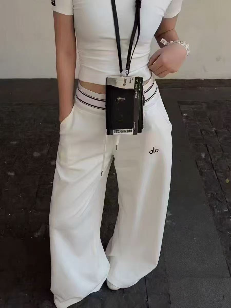Nuevos pantalones de cinturón ancho con letras con correas AL, 25 moda otoñal, pantalones elásticos de cintura alta y cintura elástica de cintura alta de 25 años de moda otoñal