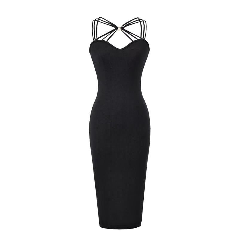 Vestido de punto con tirantes cruzados, deseo femenino puro, estilo ligero y maduro, cintura ajustada, con una falda corta fina y atractiva que ceñe las caderas