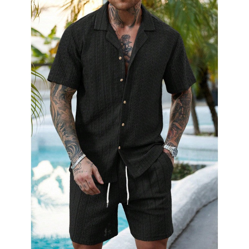 Nuevo cárdigan casual TK 2026 para hombre, camisa de verano de manga corta, pantalones cortos con cordón, ropa masculina de dos piezas