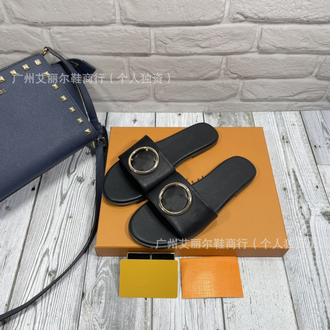 Exclusivo para el comercio exterior, zapatillas de marca L, monogramas de alta calidad, letras con hebilla de goma, zapatos de mujer, zapatillas planas al por mayor