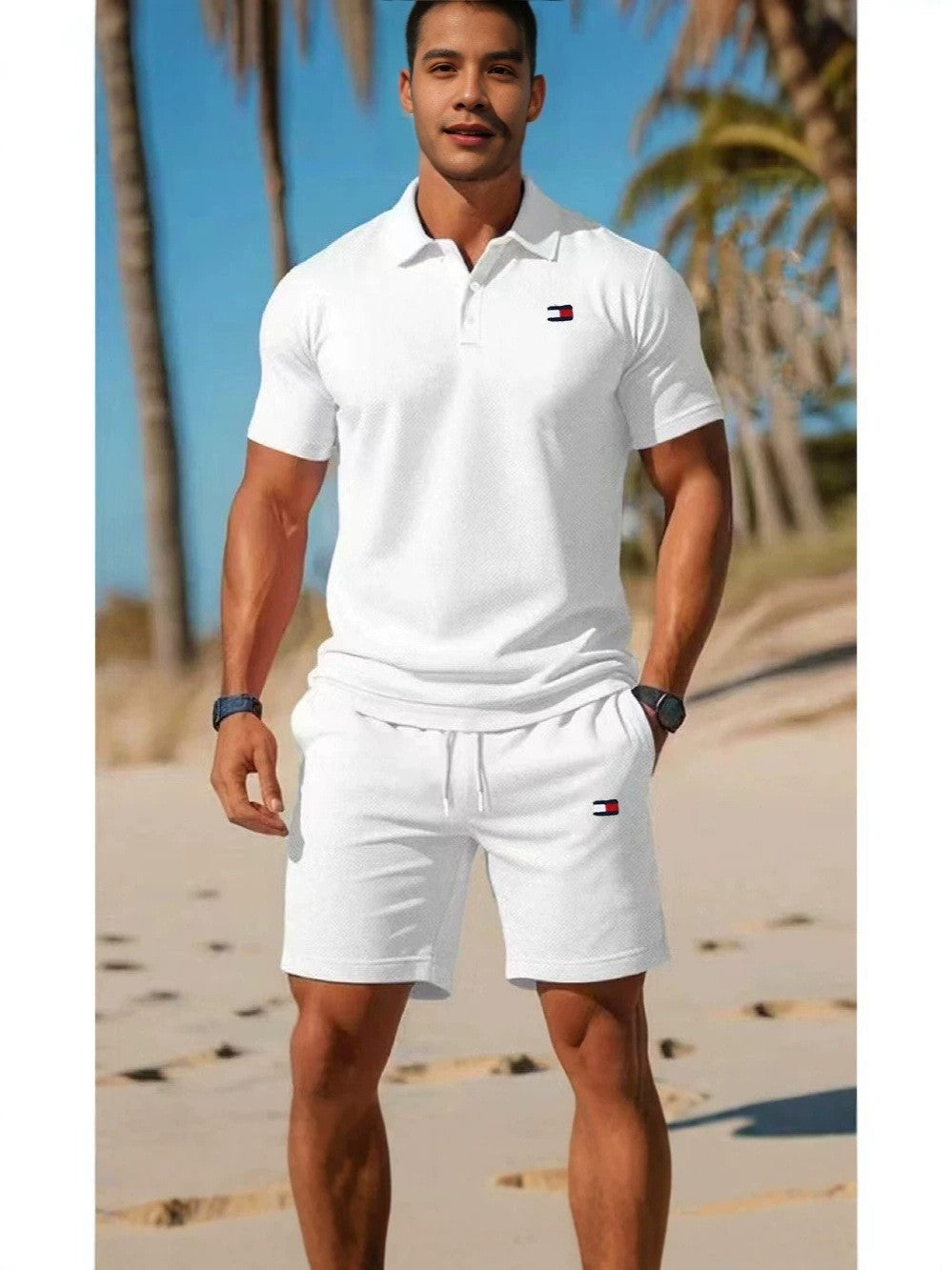Conjunto casual fino de hombre con estampado Tommy de verano transfronterizo, camiseta corta de manga corta, conjunto de moda informal para hombre
