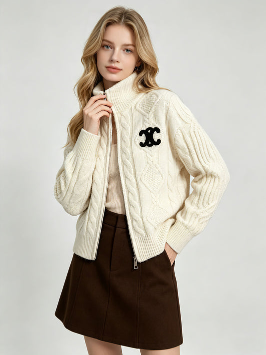 Women's cable knit cardigan | Zip-up and high neck