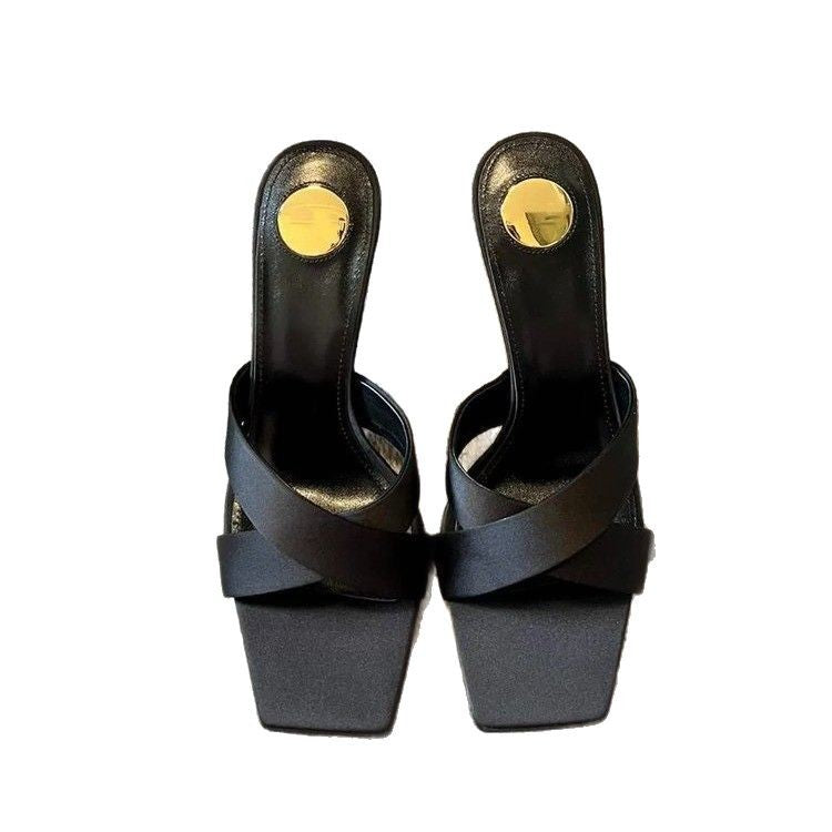 25 Nuevos zapatos de cruz de alta costura con tacones metálicos y zapatillas de tacón alto de seda para mujer, tacones altos abiertos y sensuales