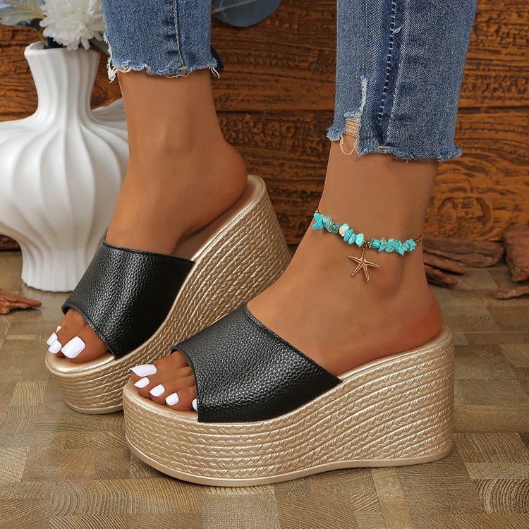 Zapatillas de tacón de cuña de talla grande transfronterizas, suela gruesa, plataforma impermeable con boca de pescado y suela gruesa, sandalias de talla grande de comercio extranjero, zapatillas de playa de moda