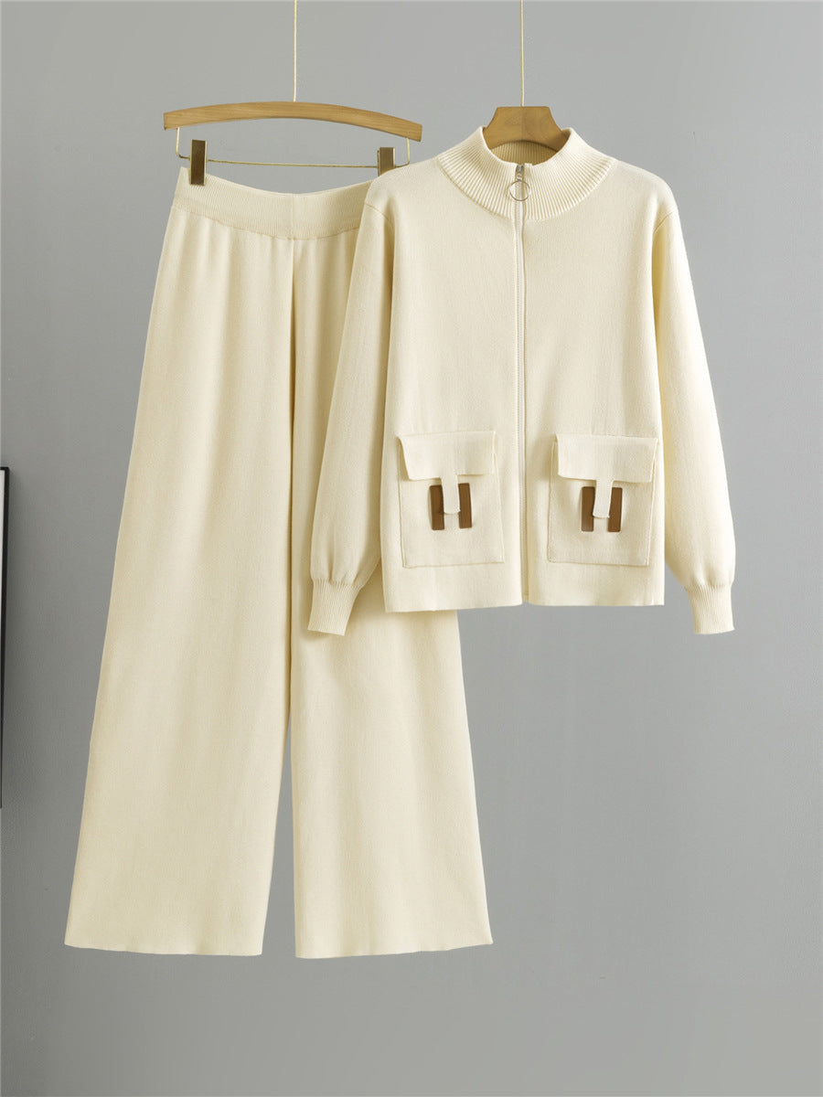 European style casual fashion set for cross-border e-commerce, new autumn/winter two-piece knitted pants set with zipper