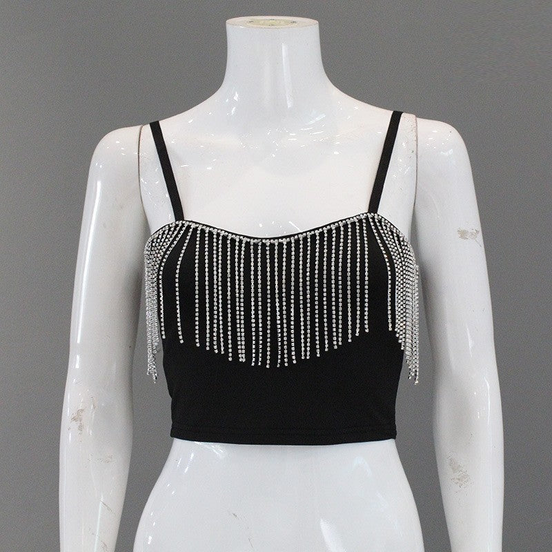 Top de ventas femenino europeo y estadounidense, camiseta corta sin tirantes y camiseta sin tirantes de Amazon de color sólido con flequillo y flequillo sin tirantes