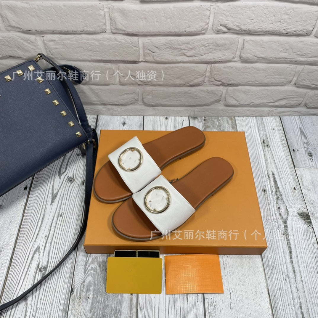 Exclusivo para el comercio exterior, zapatillas de marca L, monogramas de alta calidad, letras con hebilla de goma, zapatos de mujer, zapatillas planas al por mayor
