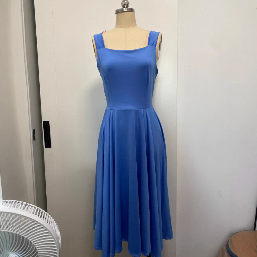 2023 Comercio Exterior Transfronterizo Europa y América Amazon Verano nuevo con escote cuadrado con tirantes finos Vestido elegante que ceñe la cintura Vestido largo elegante